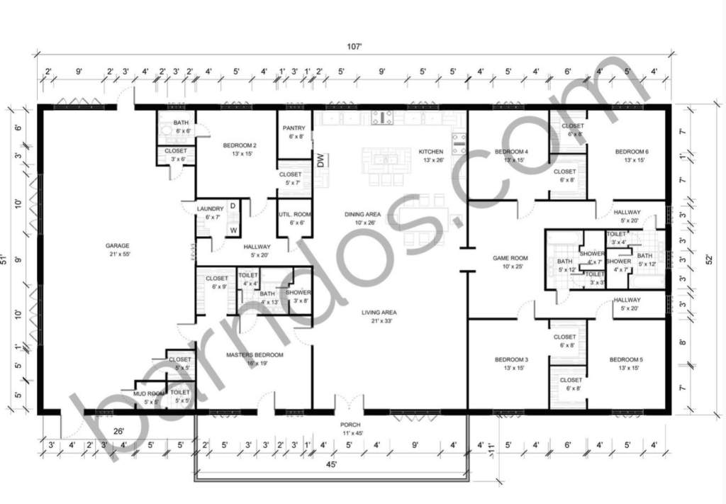 6 bedroom barndominium floor plans