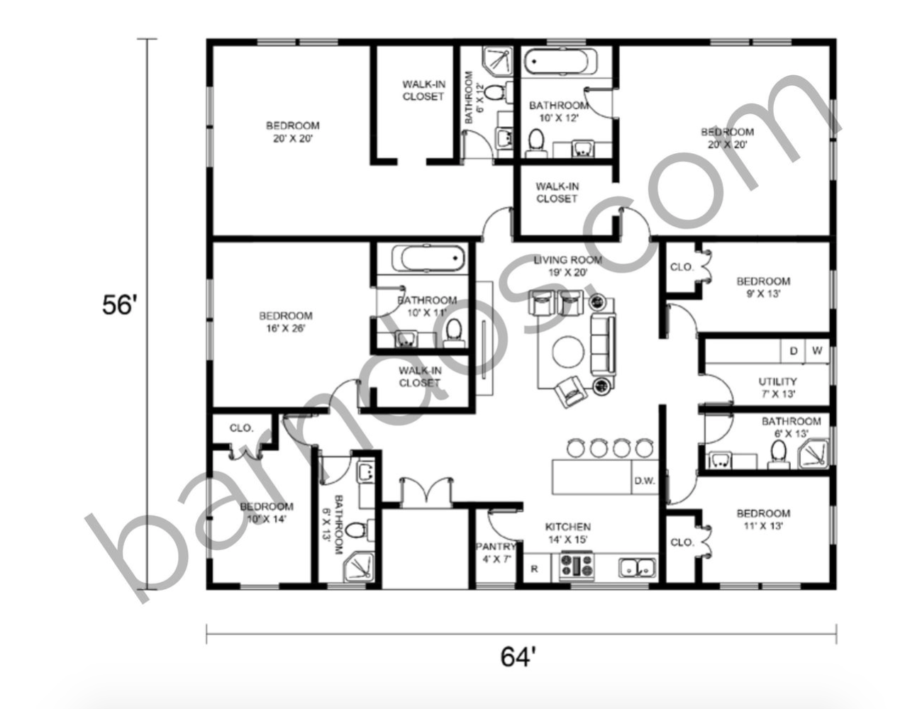 15 Awesome 6 Bedroom Barndominium Floor Plans - Barndos.com