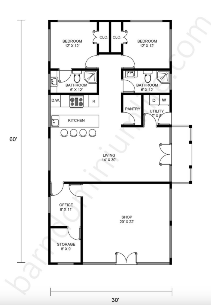 30x60 barndominium floor plans with shop